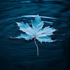 Wall Mural - Autumn maple leaf on water surface with ripples. Copy space.