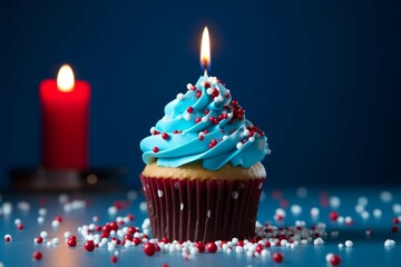 Blue cupcake features a lit candle and eye catching red sprinkles