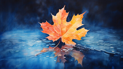 Wall Mural - Autumn maple leaf on water surface with ripples. Copy space.