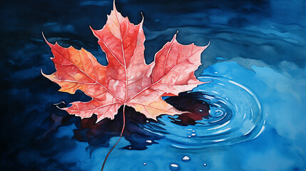 Wall Mural - Autumn maple leaf on water surface with ripples. Copy space.