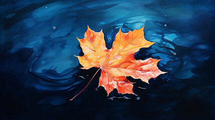 Wall Mural - Autumn maple leaf on water surface with ripples. Copy space.