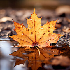 Wall Mural - Orange maple leaf in a puddle. Autumn background. Selective focus.