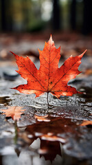 Wall Mural - Orange maple leaf in a puddle. Autumn background. Selective focus.