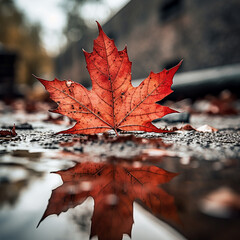 Wall Mural - Orange maple leaf in a puddle. Autumn background. Selective focus.