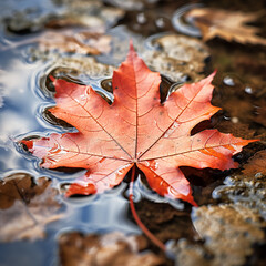 Wall Mural - Orange maple leaf in a puddle. Autumn background. Selective focus.