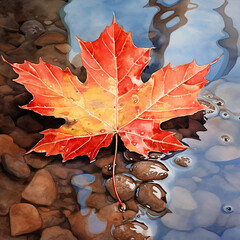 Wall Mural - Orange maple leaf in a puddle. Autumn background. Selective focus.