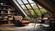 Attic with a built-in desk and a skylight and a leather armchair