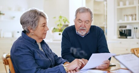 Poster - Home, old couple and documents with savings, investment and meeting with pension fund insurance and conversation. Taxes, elderly man or senior woman with paperwork, retirement or mortgage in a lounge