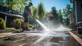 Man using electric powered pressure washer to power wash residential concrete driveway in beautiful and peaceful suburban residential area in morning sunshine.