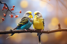 Couple Of Romantic Blue Budgies Birds On A Branch. Love Or Friendship Concept