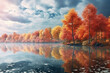 © arhendrix - autumn landscape with autumn trees and majestic mountains. Beautiful panorama of the autumn foliage in the lake with beautiful reflection.