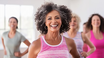 happy senior women doing group exercises, joyful ladies dancing with friends in dancing studio, with copy space.
