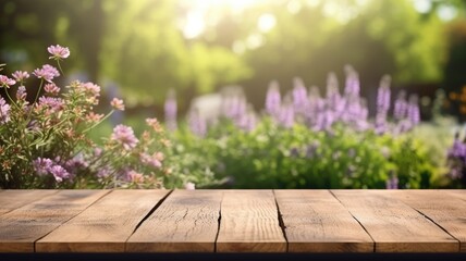 Wall Mural - The empty wooden table top with blur background of English garden. Generative AI image AIG30.