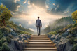 businessman ascending a staircase toward the sky, symbolizing his journey to success and career advancement.