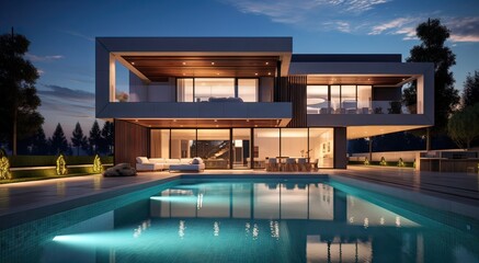 minimalist villa with swimming pool of modern architecture at sunset