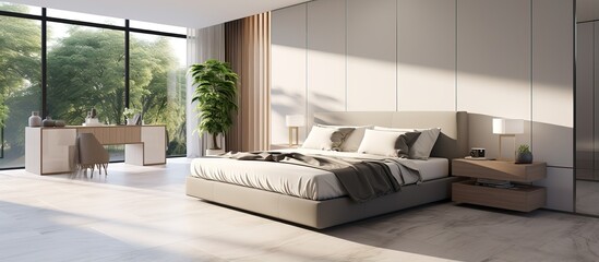 Sticker - a stylish master bedroom with white and brown walls tiled floor and a comfortable king size bed viewed from the side