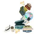 Suitcases, bags, backpacks, globes and other travel items. Composition of tourist paraphernalia. For the design of advertising and goods, products and services of the tourism business.