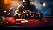 High Stakes Drama: Closeup On Poker Players' Hands. Generative Ai