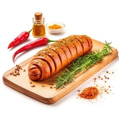 Boiled Sausage on Wooden Board w Spices