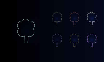 A set of neon tree symbols. Set of different color symbols, faint neon glow. Vector illustration on black background