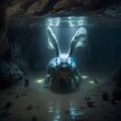 alien glowing giant cyborg rabbit ears bulging eyes coming out of water underground cave cave worms fantasy punk photorealism 