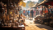 A bustling marketplace filled with ethnic folk art, crafts, and handmade goods, Ethnic Folk, blurred background