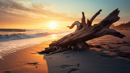 Wall Mural - Beautiful seascape with driftwood on the beach at sunset