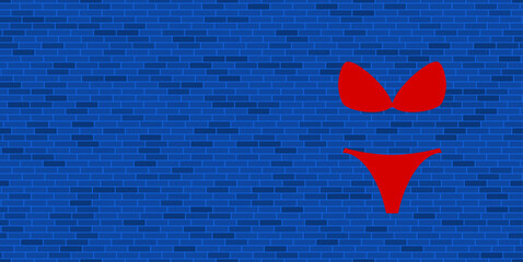 Wall Mural - blue brick wall with large red bikini symbol. the symbol is located on the right, on the left there 