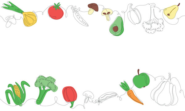 simple outline and colored frame with fruits, vegetables and empty space for text. vector background