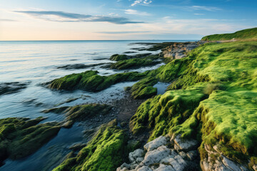 Wall Mural - Beautiful seascape with green moss on the rocks. Long exposure