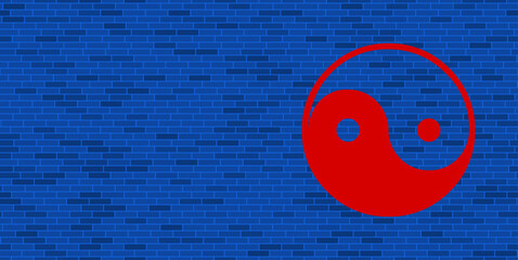 Wall Mural - Blue Brick Wall with large red yin yang symbol. The symbol is located on the right, on the left there is empty space for your content. Vector illustration on blue background