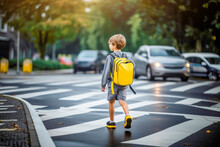 Road Safety: Kid Crossing A Busy City Street, Highlighting The Potential Danger Of Accidents And The Need For Pedestrian Caution.