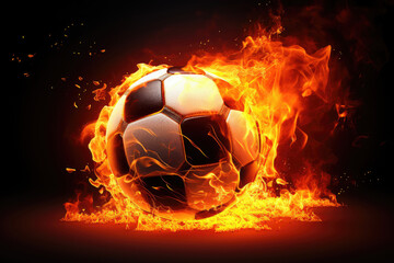 Canvas Print - Soccer ball in fire flames on black background.