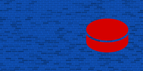 Wall Mural - Blue Brick Wall with large red hockey puck. The symbol is located on the right, on the left there is empty space for your content. Vector illustration on blue background