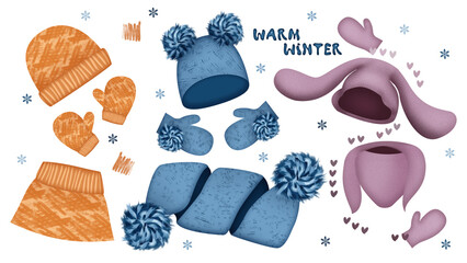 Warm winter set of winter accessories hats, scarves, mittens blue, pink, orange set, inscription, texture, yarn, knitting, fur