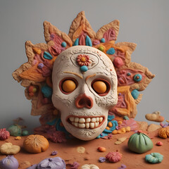 Wall Mural - Day of the dead skull with colorful candies on grey background.