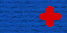 Blue Brick Wall With Large Red Quatrefoil Symbol. The Symbol Is Located On The Right, On The Left There Is Empty Space For Your Content. Vector Illustration On Blue Background