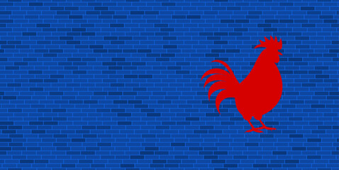 Wall Mural - Blue Brick Wall with large red rooster symbol. The symbol is located on the right, on the left there is empty space for your content. Vector illustration on blue background