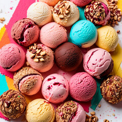 Poster - Assorted of scoops ice cream. Colorful set of ice cream of different flavours. Top view of ice cream isolated with mint, sauce. AI generative image.