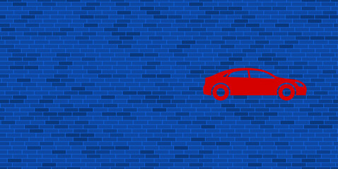 Wall Mural - Blue Brick Wall with large red car symbol. The symbol is located on the right, on the left there is empty space for your content. Vector illustration on blue background