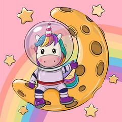 Wall Mural - cartoon unicorn astronaut on the moon on a pink space background