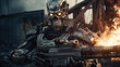Damaged metal skeleton robot, without human shell, humanoid with artificial intelligence, in destroyed abandoned environment, machine in war against humanity, metal combat robot and soldier
