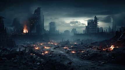 Wall Mural - Apocalypse City with Bombed Buildings. War Concept