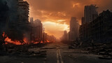 Fototapeta  - Empty street of burnt up city. Apocalyptic view of city downtown as disaster film poster concept. City destroyed by war