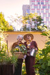 Portrait of senior friends taking care of vegetable plants in urban garden. Nursing home residents gardening outdoors. Senior sisters have same hobby.
