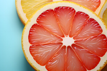 Wall Mural - Fresh slices of grapefruit isolated on the pastel turquoise background. Summer concept artwork