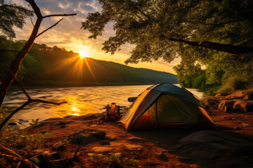 Wall Mural - Nature's Embrace: Riverside Camping Tent in the Wilderness