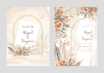 Fototapete - Beige rose elegant wedding invitation card template with watercolor floral and leaves