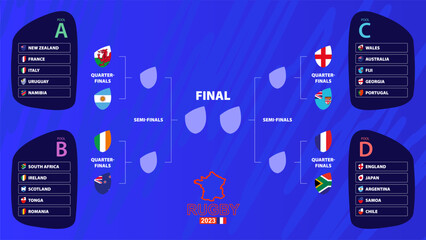 Wall Mural - Rugby 2023 playoff match schedule filled until the quarterfinals  with national flags of international rugby tournament participants.