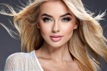 Wall Mural - Beautiful woman with blonde hairs fly up from the wind. Pretty woman with make up, clean skin and long curly shiny hair. Close-up portrait on gray background